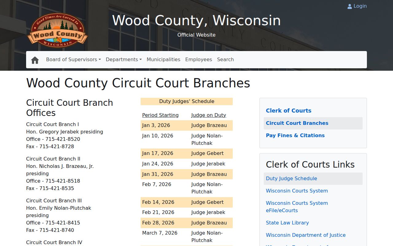 Wood County page listing four circuit court branches