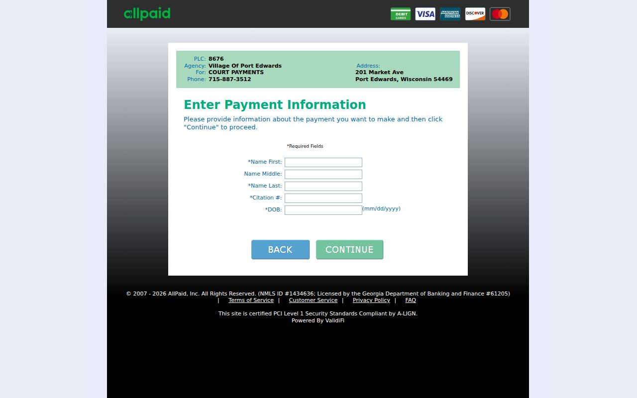 Wood County traffic ticket payment fields for Port Edwards