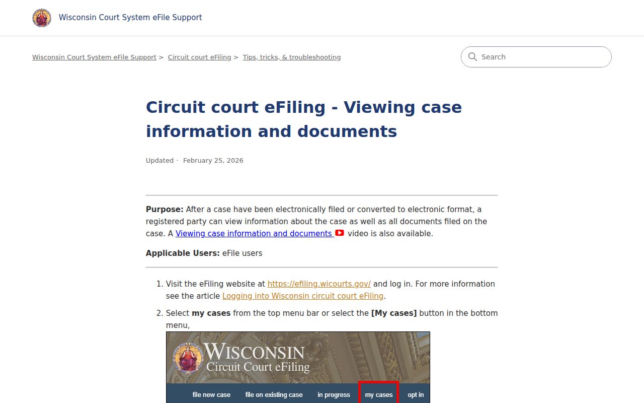 Wisconsin eFiling My Cases filter for Wood County